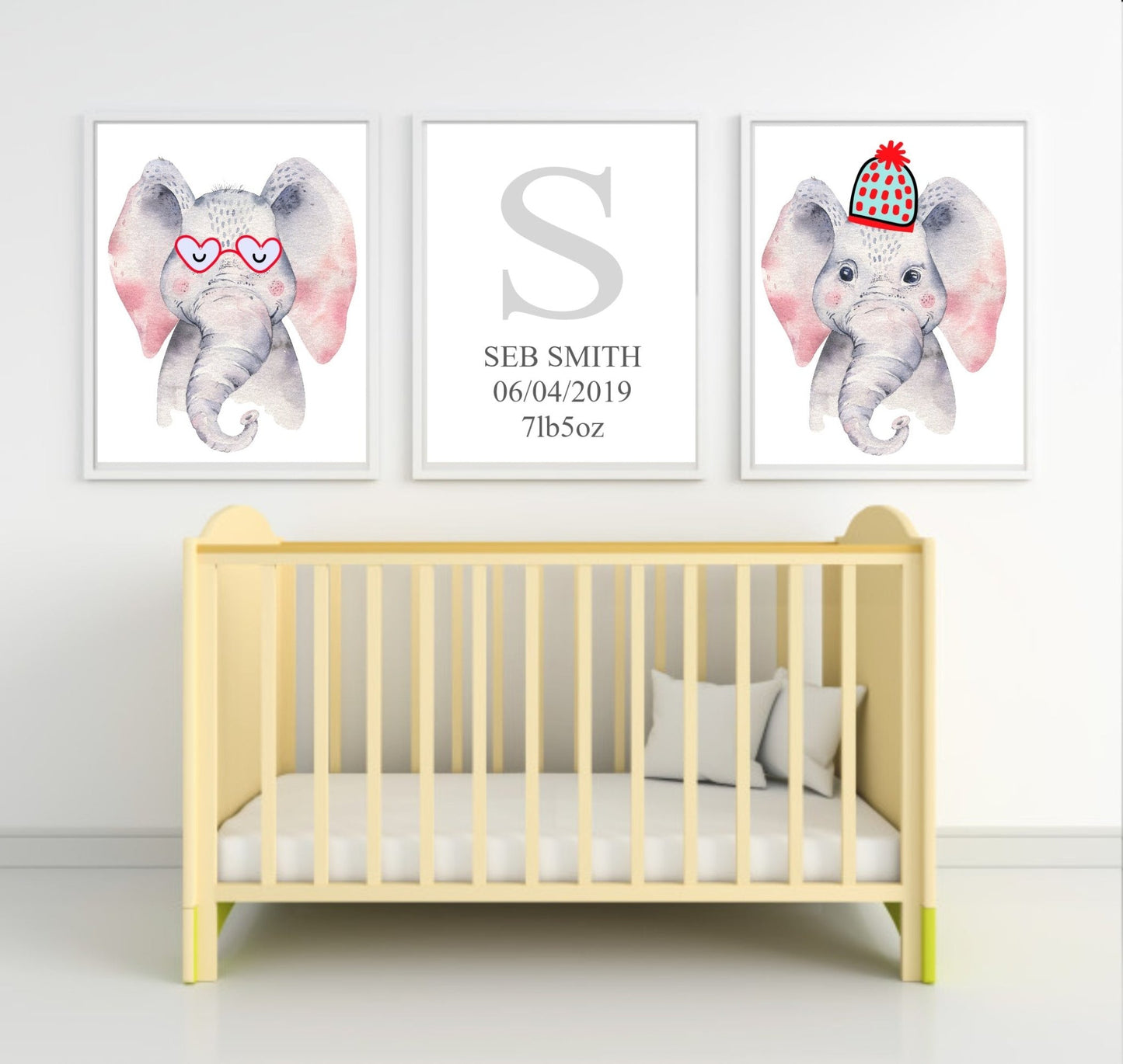 Personalised Set Of 3 Watercolour Animal Prints - Emmie The Elephant All Dressed Up Wall Art