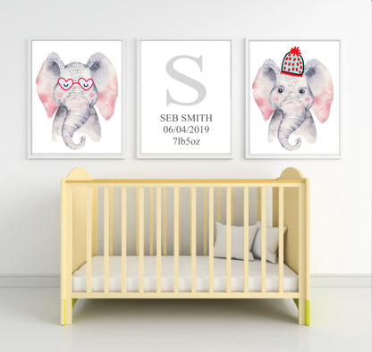 Personalised Set Of 3 Watercolour Animal Prints - Emmie The Elephant All Dressed Up Wall Art