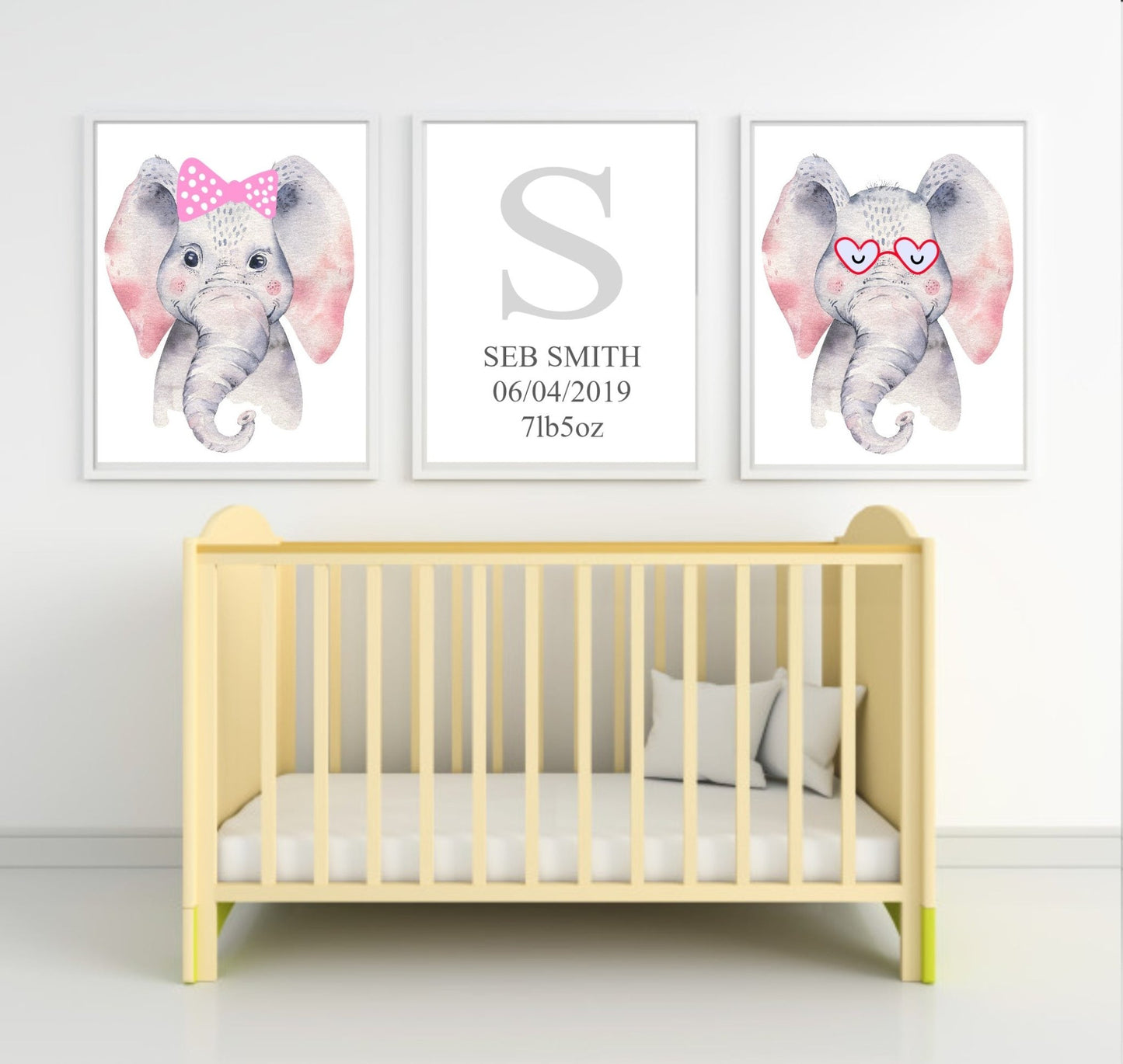 Personalised Set Of 3 Watercolour Animal Prints | Emmie The Elephant All Dressed Up In Pink