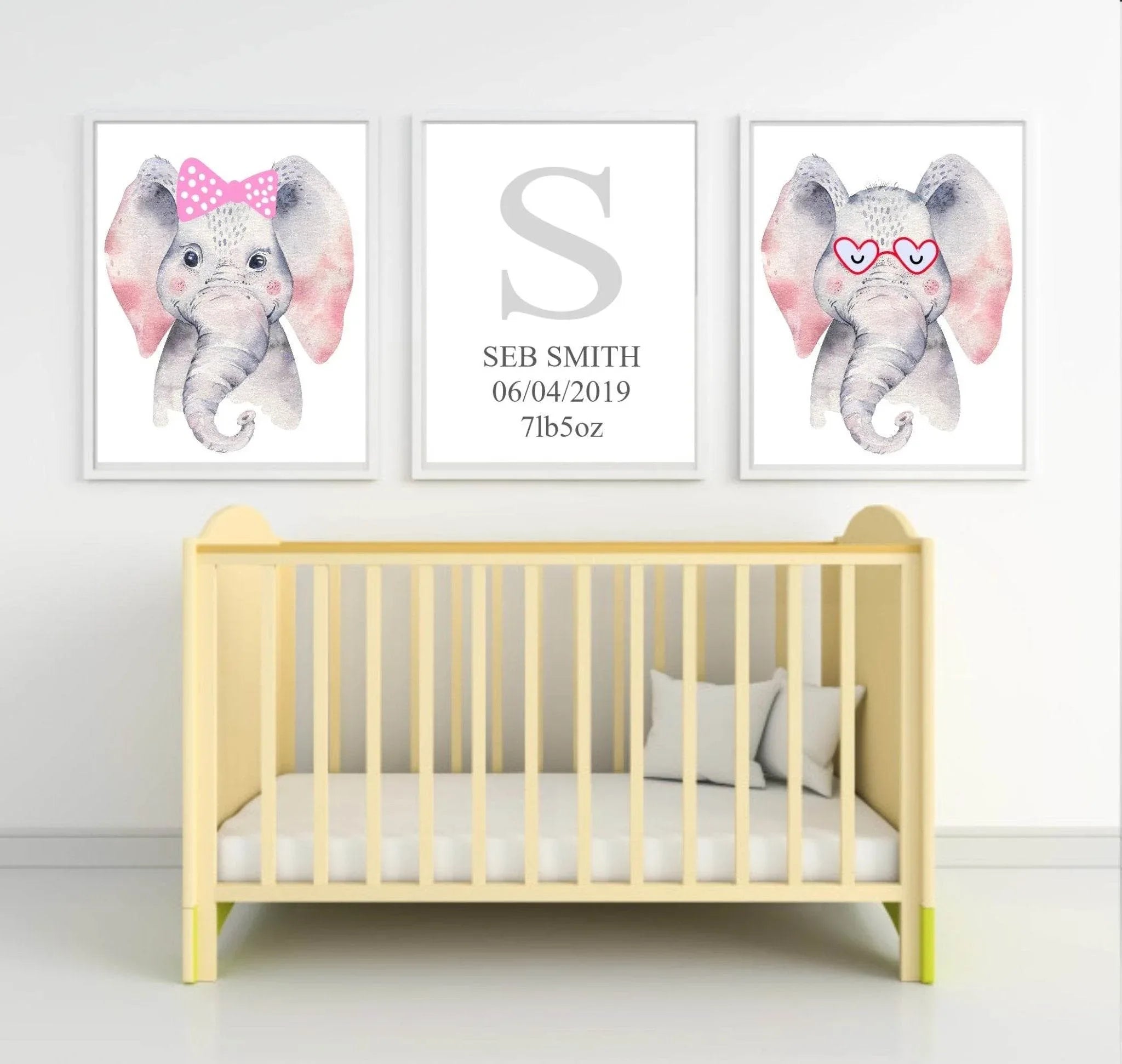 Personalised Set Of 3 Watercolour Animal Prints | Emmie The Elephant All Dressed Up In Pink - Larosier Prints