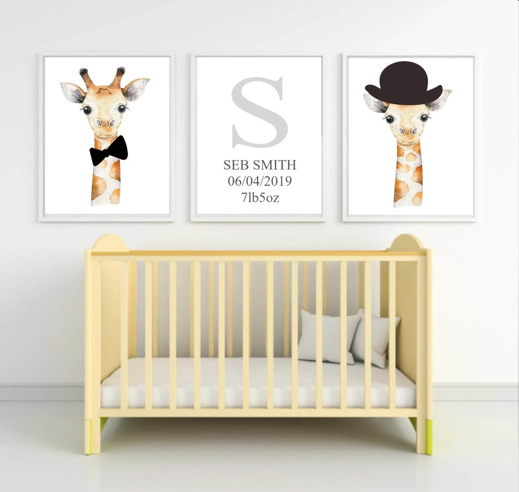 Personalised Set of 3 Watercolour Animal Prints | Gillie The Giraffe All Dressed Up Wall Art - Larosier Prints
