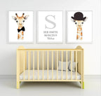 Personalised Set of 3 Watercolour Animal Prints | Gillie The Giraffe All Dressed Up Wall Art - Larosier Prints