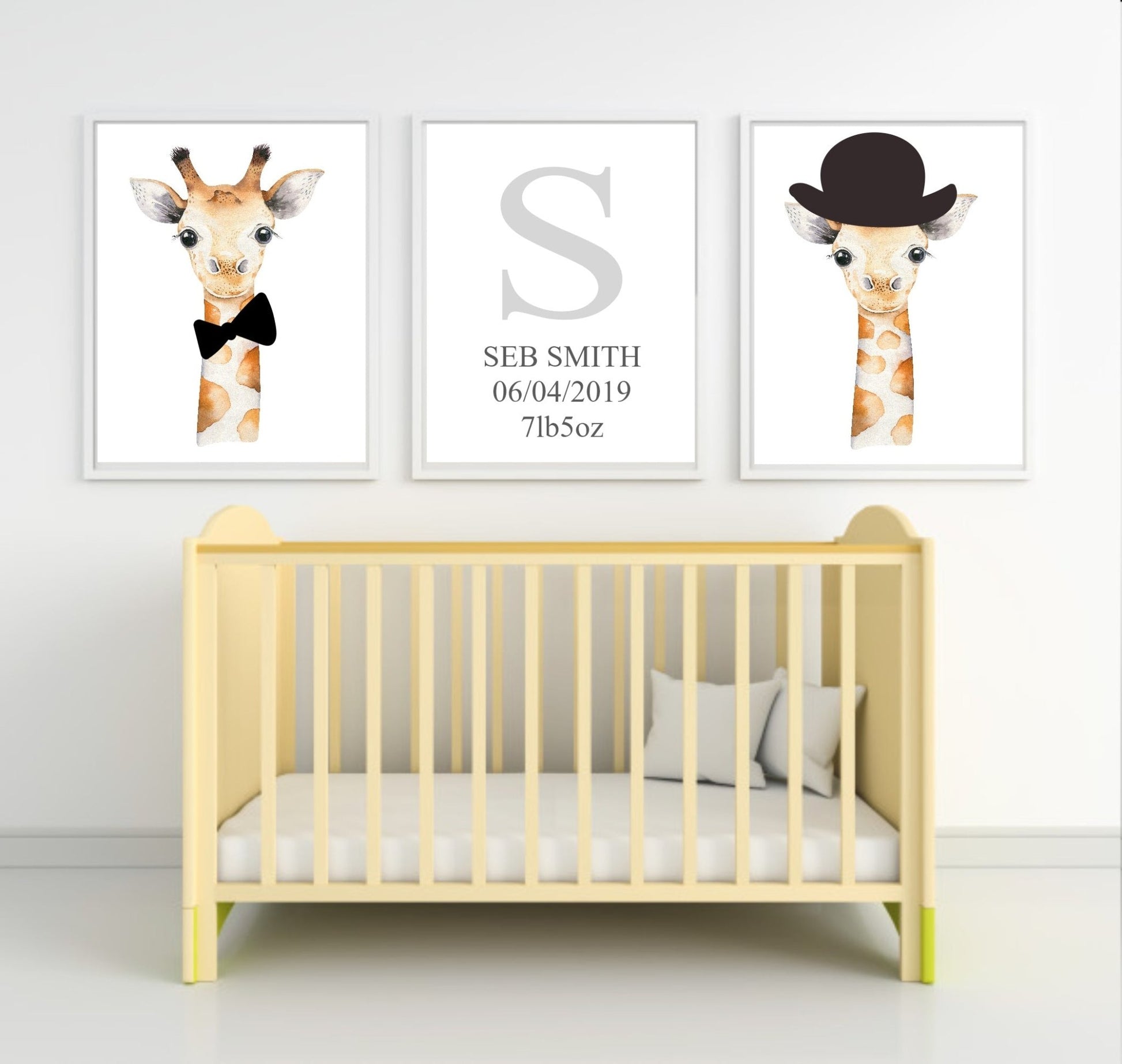 Personalised Set of 3 Watercolour Animal Prints | Gillie The Giraffe All Dressed Up Wall Art