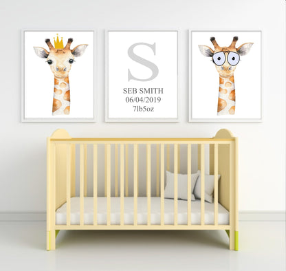 Personalised Set Of 3 Watercolour Animal Prints | Gillie the Giraffe All Dressed Up Crown Wal Art