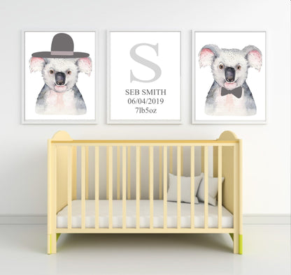 Personalised Set Of 3 Watercolour Animal Prints | Kiki The Koala All Dressed Up | Nursery Wall Art