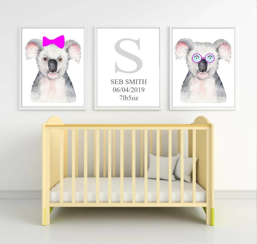 Personalised Set Of 3 Watercolour Animal Prints | Kiki The Koala All Dressed Up | Pink Bow | Nursery Wall Art - Larosier Prints