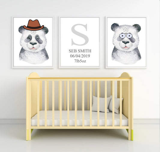 Personalised Set Of 3 Watercolour Animal Prints | Penelope The Panda All Dressed Up | Nursery Wall Art