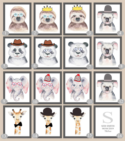 Personalised Set Of 3 Watercolour Animal Prints | Penelope The Panda All Dressed Up | Nursery Wall Art