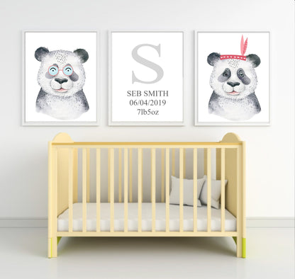 Personalised Set Of 3 Watercolour Animal Prints | Penelope The Panda All Dressed Up | Red Headband | Nursery Wall Art