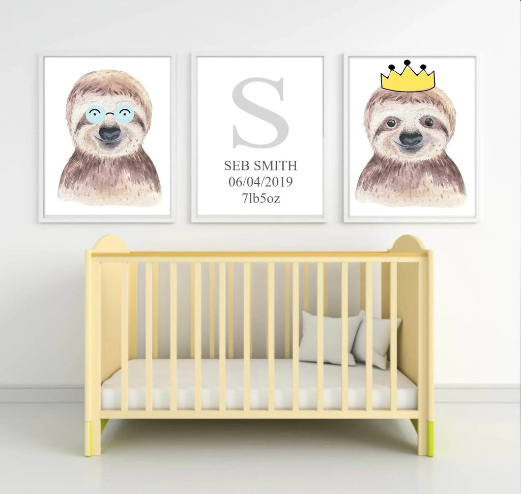 Personalised Set Of 3 Watercolour Animal Prints | Suzie The Sloth All Dressed Up | Nursery Wall Art | Crown - Larosier Prints