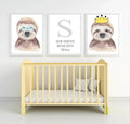 Personalised Set Of 3 Watercolour Animal Prints | Suzie The Sloth All Dressed Up | Nursery Wall Art | Crown - Larosier Prints