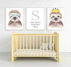 Personalised Set Of 3 Watercolour Animal Prints | Suzie The Sloth All Dressed Up | Nursery Wall Art | Crown - Larosier Prints