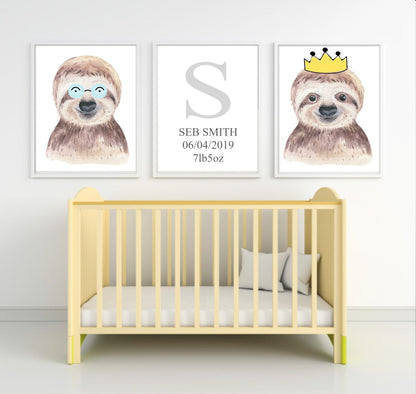 Personalised Set Of 3 Watercolour Animal Prints | Suzie The Sloth All Dressed Up | Nursery Wall Art | Crown