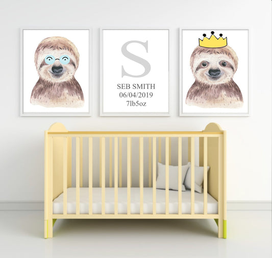 Personalised Set Of 3 Watercolour Animal Prints | Suzie The Sloth All Dressed Up | Nursery Wall Art | Crown