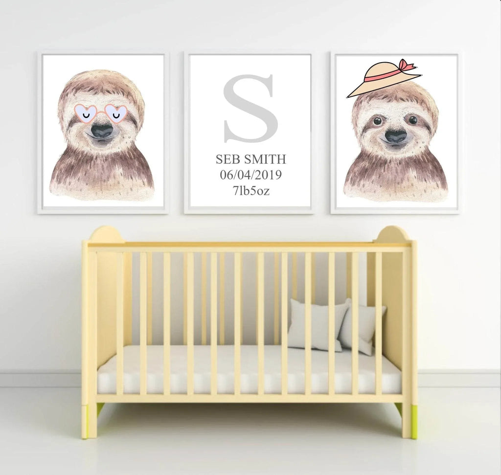 Personalised Set Of 3 Watercolour Animal Prints | Suzie The Sloth All Dressed Up | Nursery Wall Art - Larosier Prints