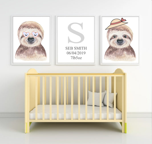 Personalised Set Of 3 Watercolour Animal Prints | Suzie The Sloth All Dressed Up | Nursery Wall Art