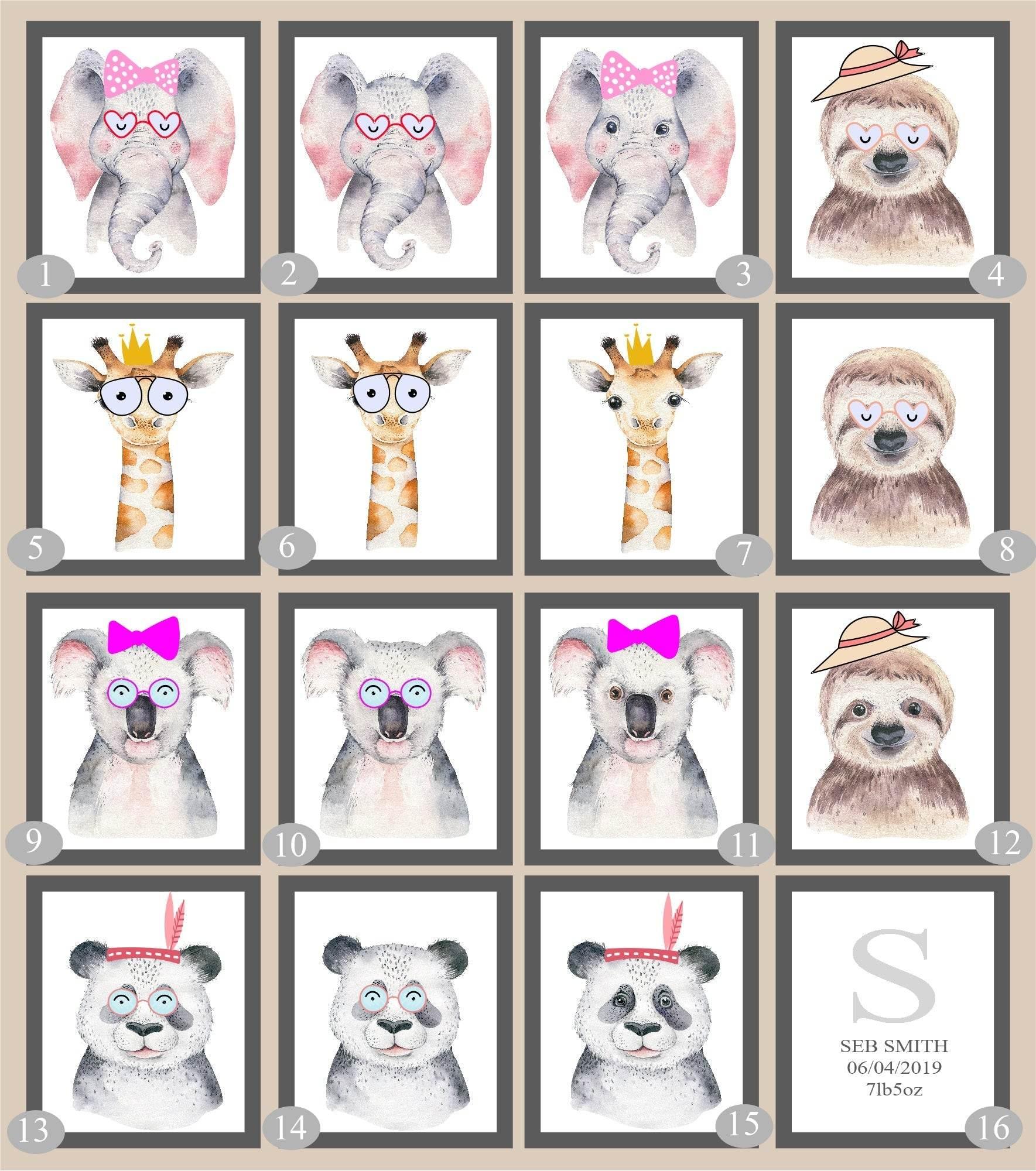 Personalised Set Of 3 Watercolour Animal Prints | Suzie The Sloth All Dressed Up | Nursery Wall Art - Larosier Prints