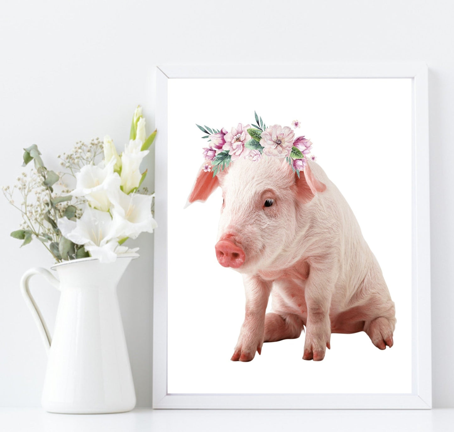 Piglet With Floral Crown Print | Kids Animal Wall Art