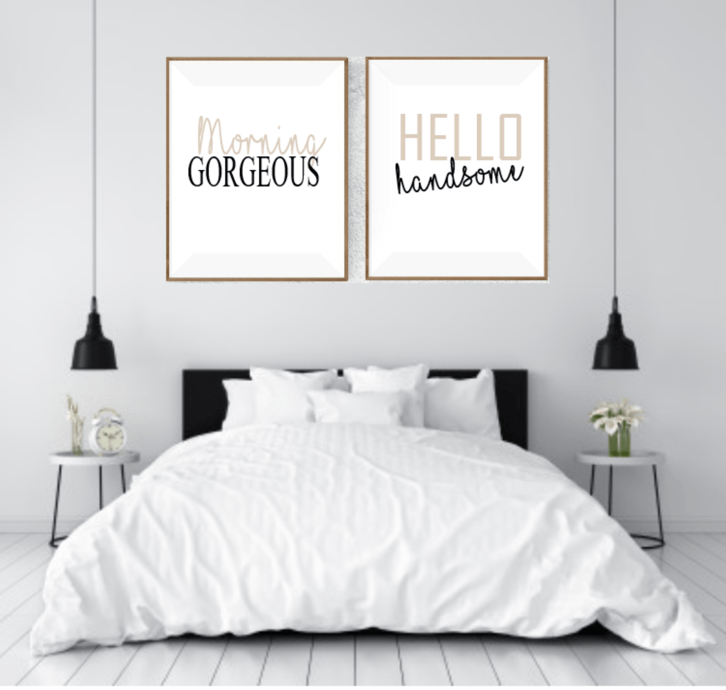 Set of 2 Hello Handsome, Morning Gorgeous Prints | Over The Bed Wall Art | Customisable