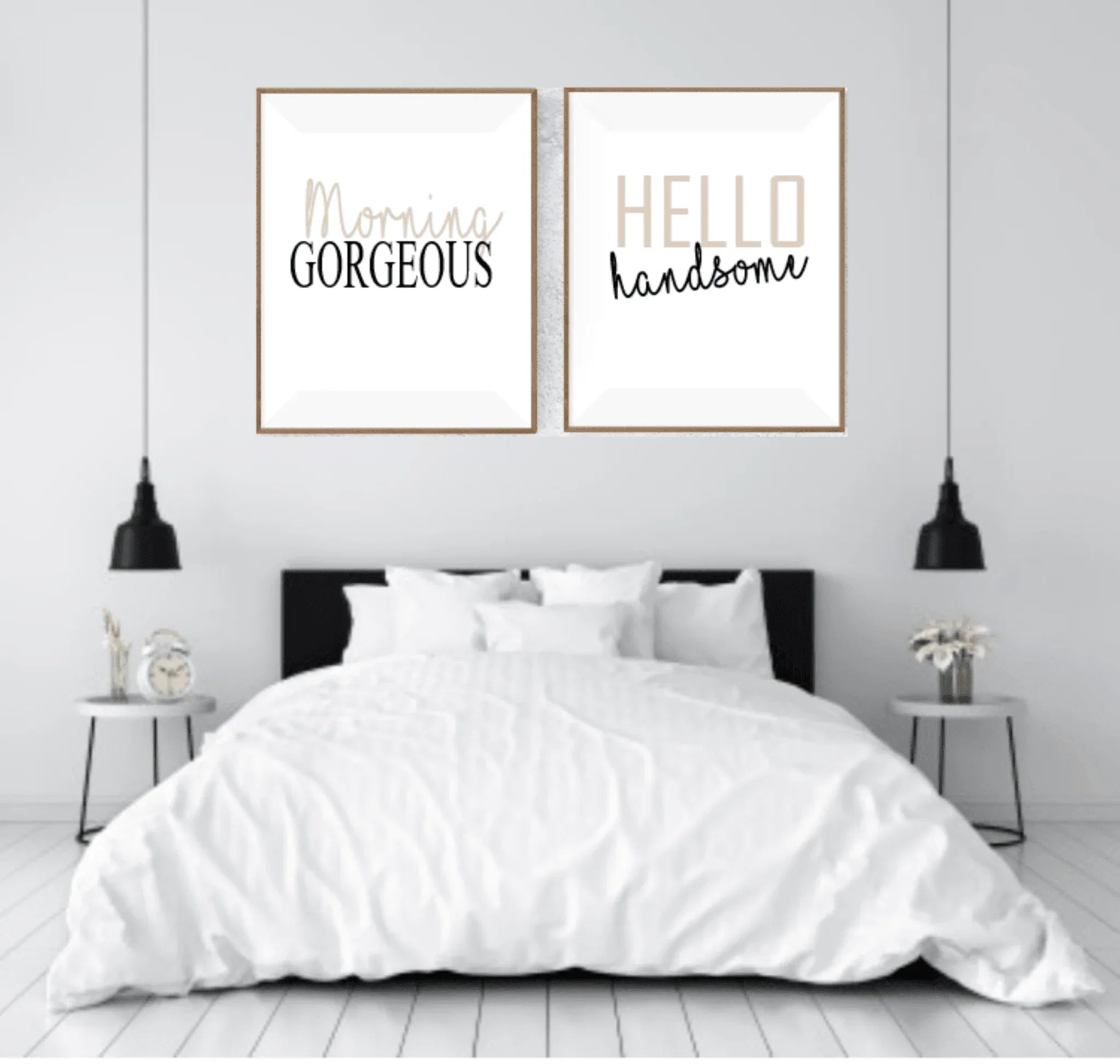 Set of 2 Hello Handsome, Morning Gorgeous Prints | Over The Bed Wall Art | Customisable - Larosier Prints