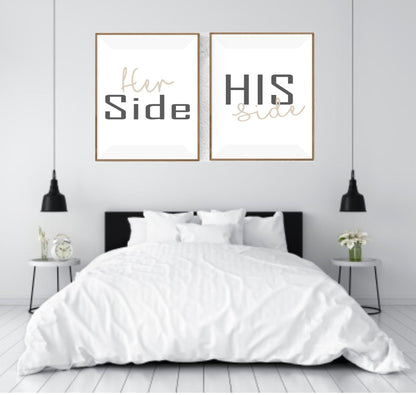 Set Of 2 Her Side & His Side Prints | Over The Bed Wall Art | Customisable