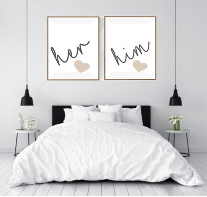 Set Of 2 Him & Her Prints | Over The Bed Wall Art | Customisable