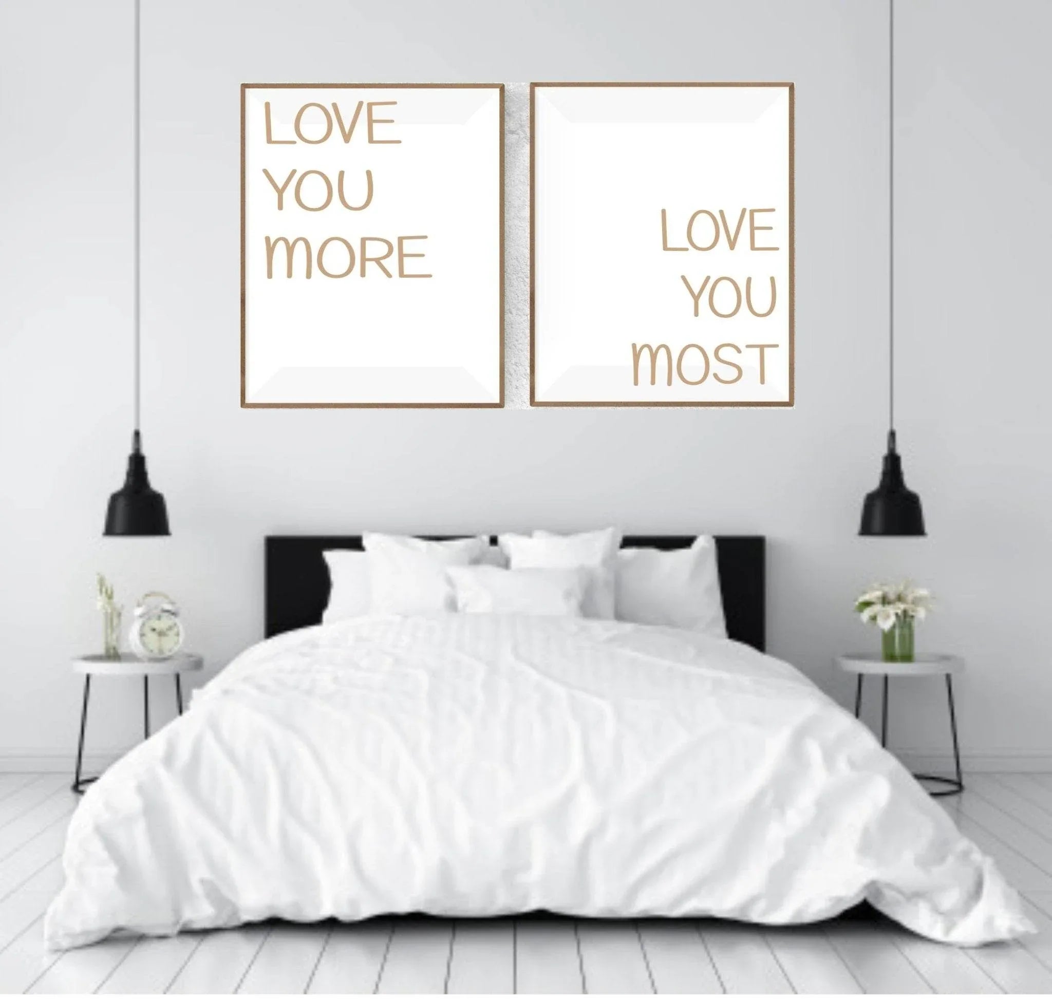 Set of 2 Love You More, Love You Most Prints | Couple Over The Bed Wall Art - Larosier Prints