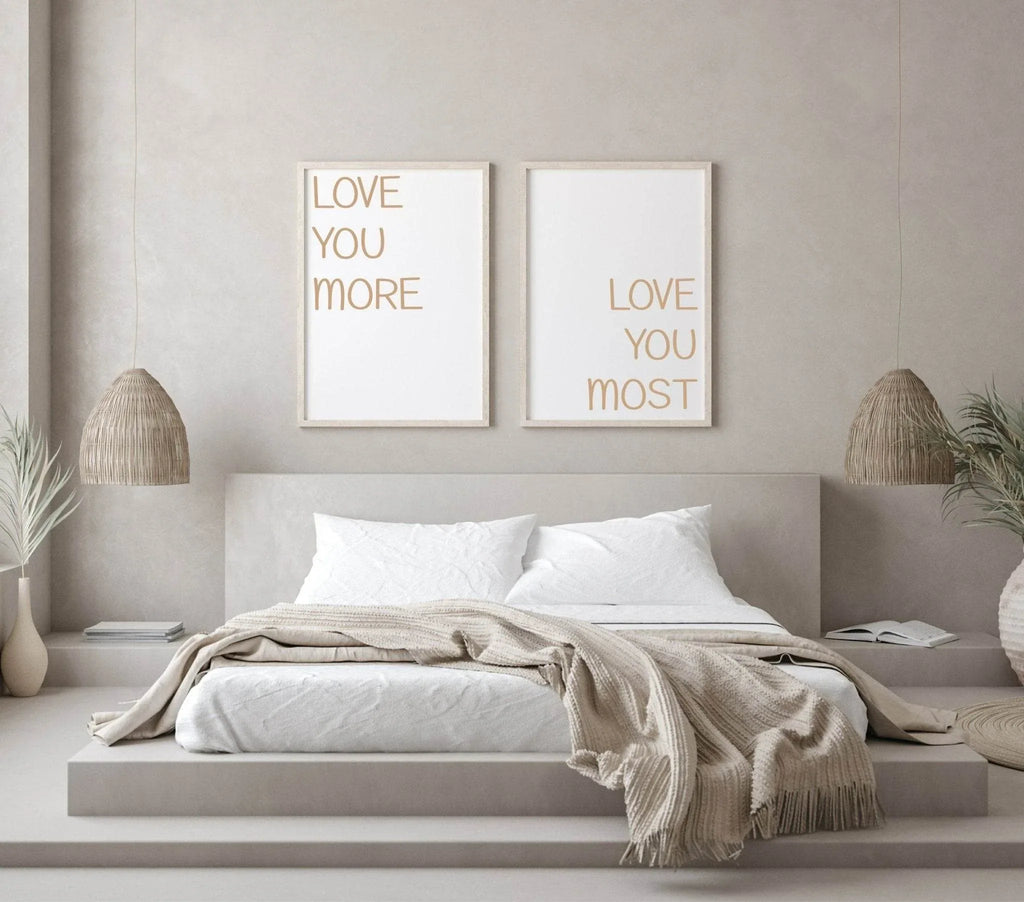 Set of 2 Love You More, Love You Most Prints | Couple Over The Bed Wall Art - Larosier Prints