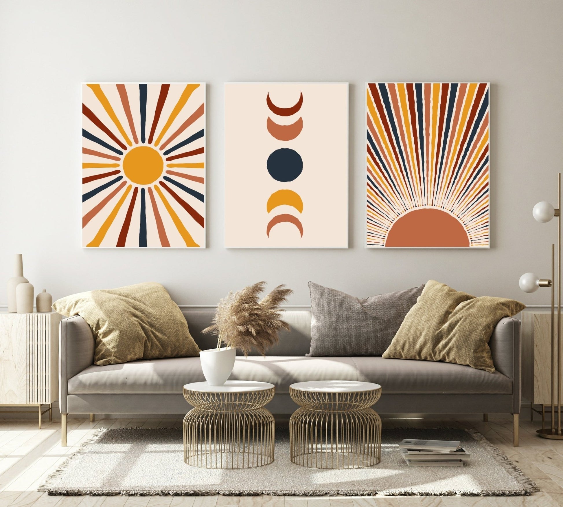 Set Of 3 Abstract Sun and Moon Prints | Celestial Wall Art