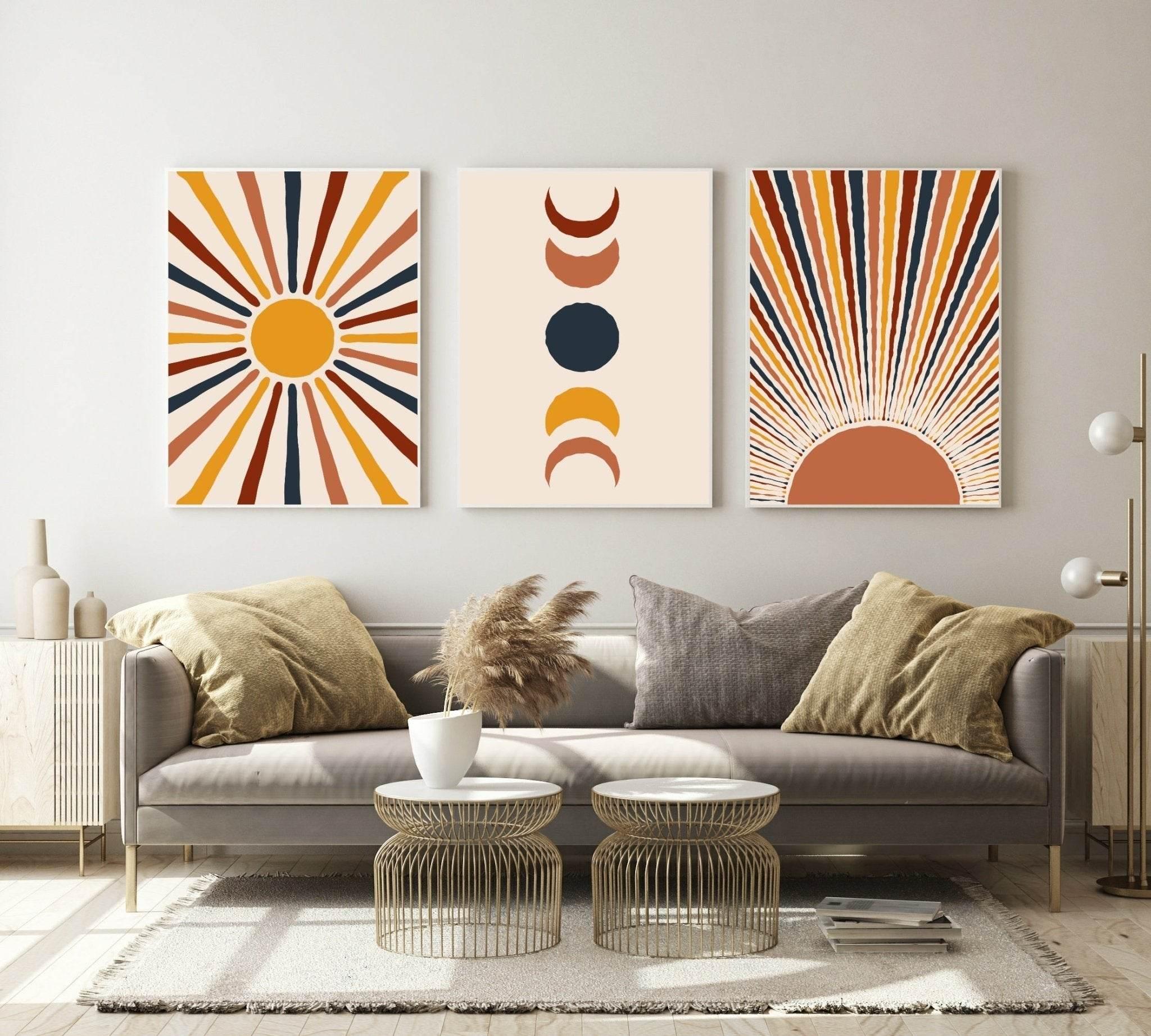 Set Of 3 Abstract Sun and Moon Prints | Celestial Wall Art - Larosier Prints