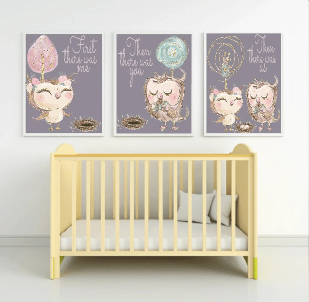 Set Of 3 First There Was Me, Then You, Then Us Prints | Owl | Animal Prints | Nursery Wall Art - Larosier Prints