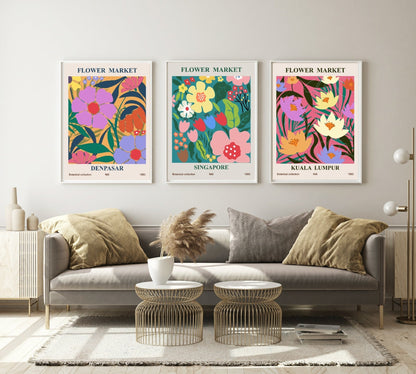 Set of 3 Flower Market Prints | Travel Floral Wall Art