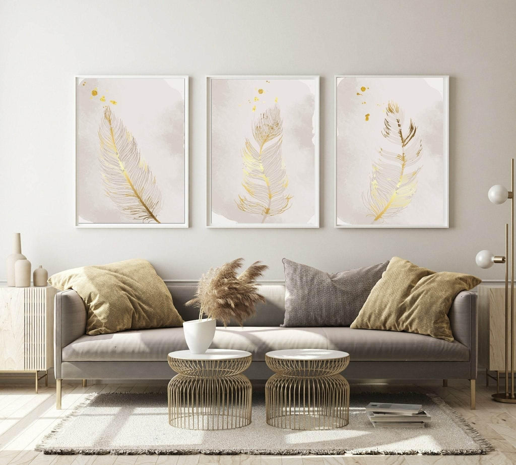 Set of 3 Gold Feather Prints | Modern Wall Art - Larosier Prints