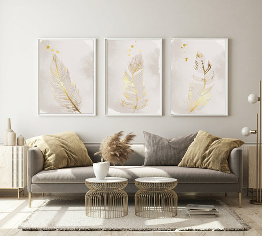 Set of 3 Gold Feather Prints | Modern Wall Art