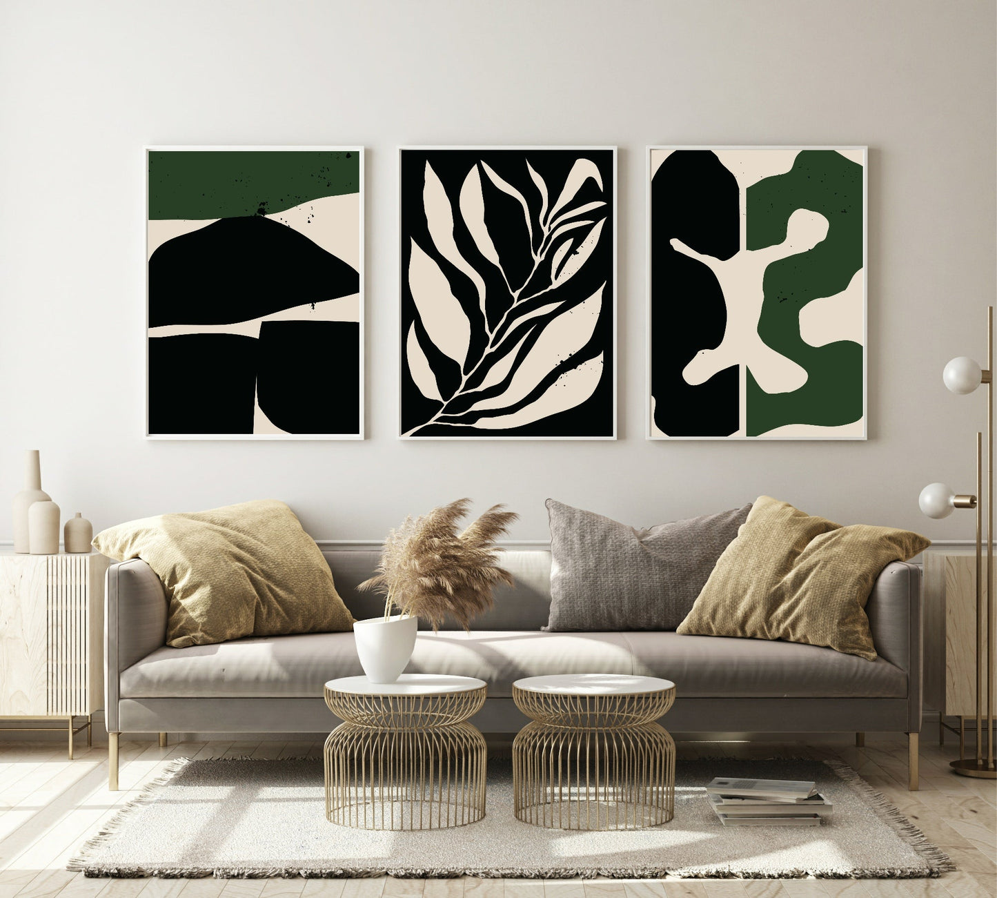 Set of 3 Green & Black Abstract | Modern Wall Art