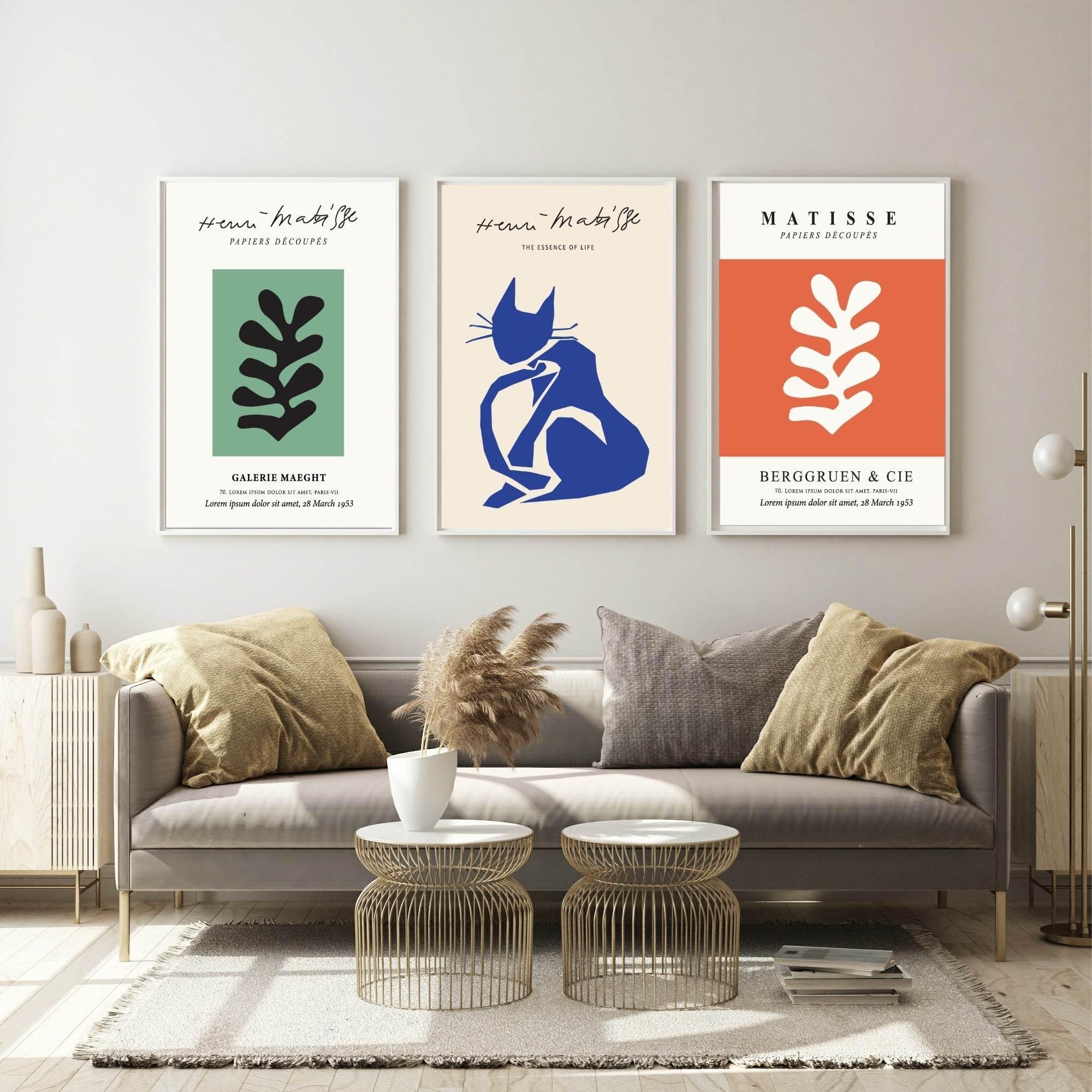 Set of 3 Matisse Abstract Wall Art Prints | Essence Of Life Cat Wall Art - Larosier Prints