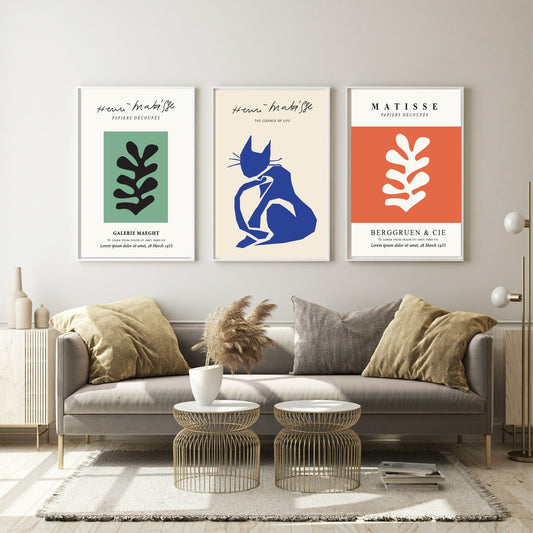 Set of 3 Matisse Abstract Wall Art Prints | Essence Of Life Cat Wall Art