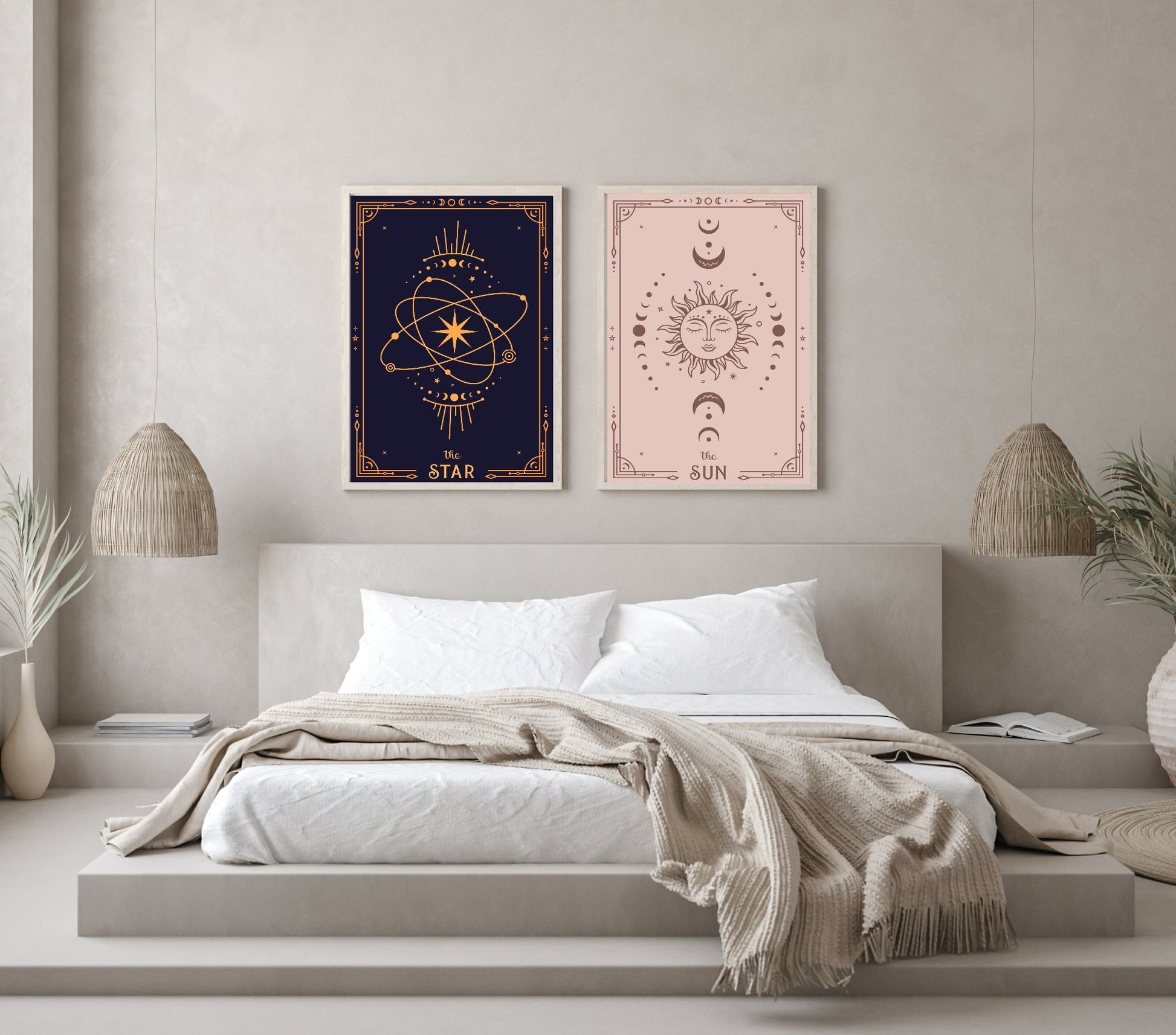 Set Of 3 Tarot Card Moon, Sun & Star | Celestial Wall Art