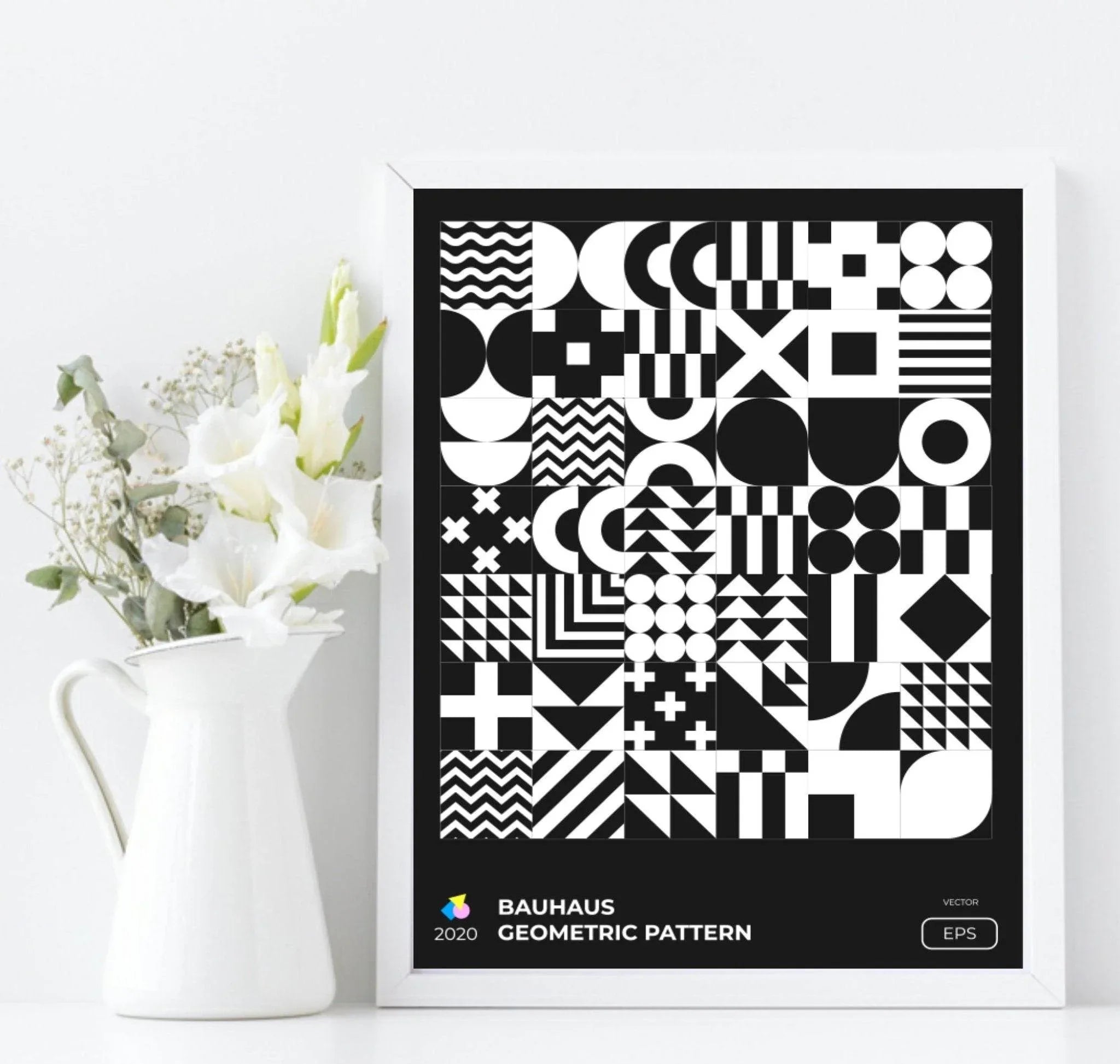 Set Of 4 Bauhaus Inspired Geo Prints | Modern Monochrome Wall Art - Larosier Prints