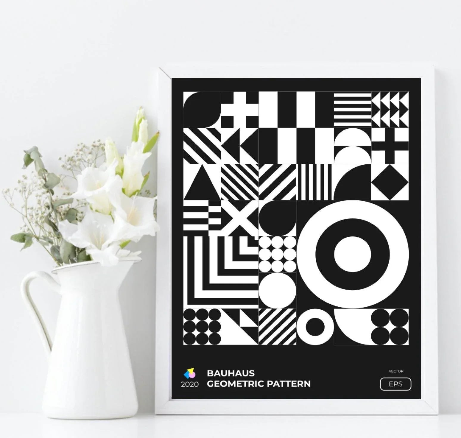 Set Of 4 Bauhaus Inspired Geo Prints | Modern Monochrome Wall Art - Larosier Prints