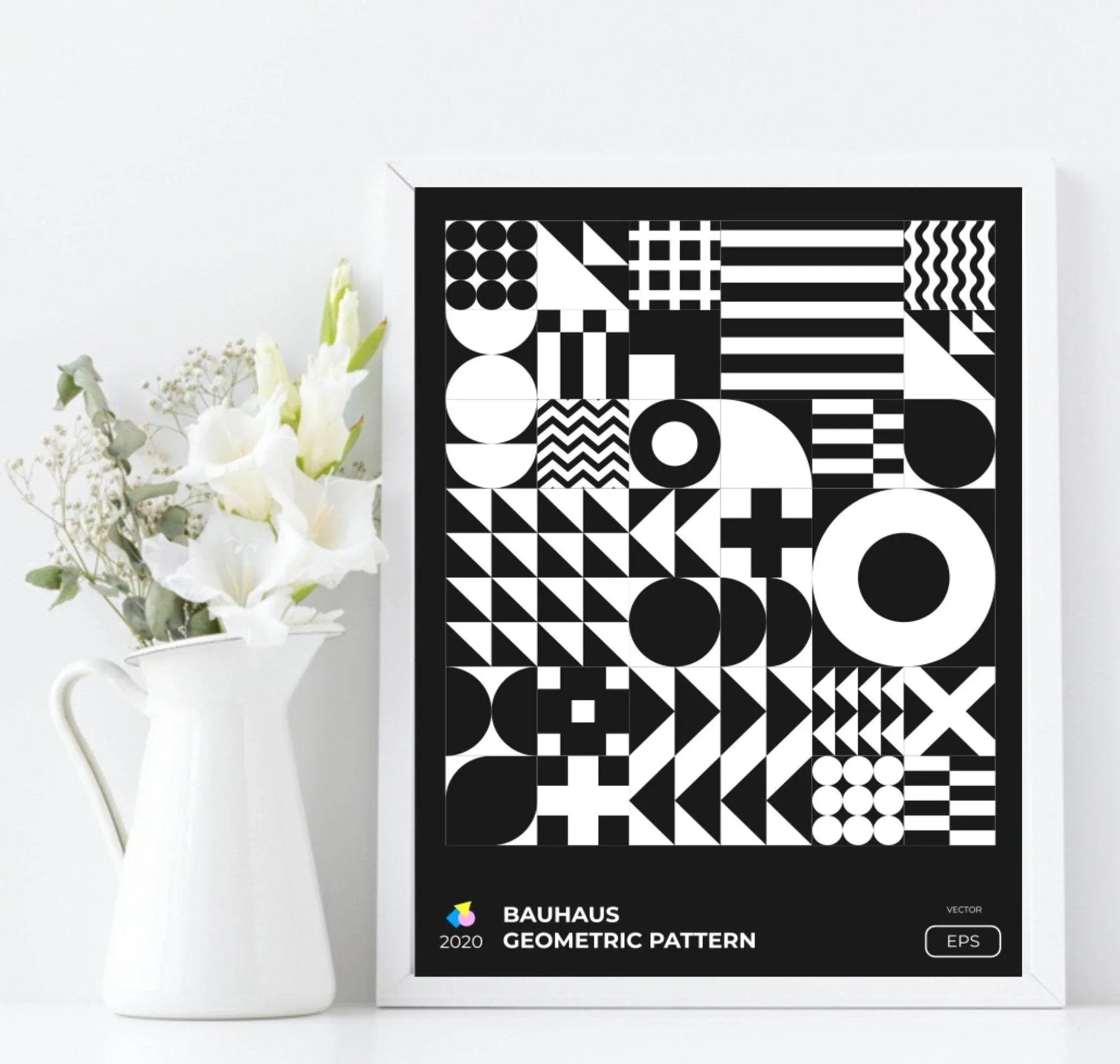 Set Of 4 Bauhaus Inspired Geo Prints | Modern Monochrome Wall Art - Larosier Prints
