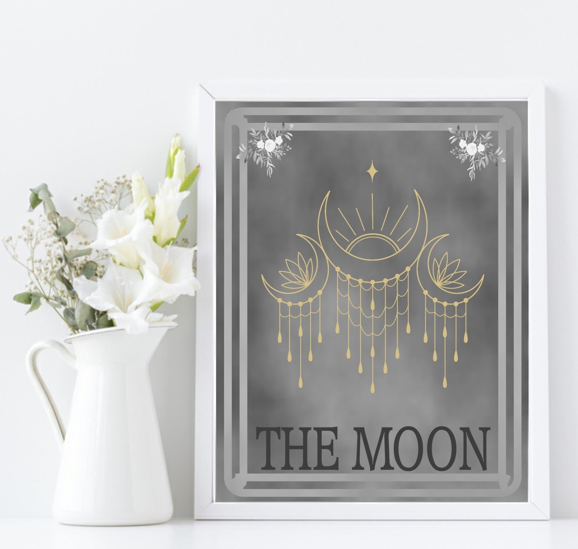 The Moon Tarot Card Print | Celestial Wall Art | Cream | Charcoal