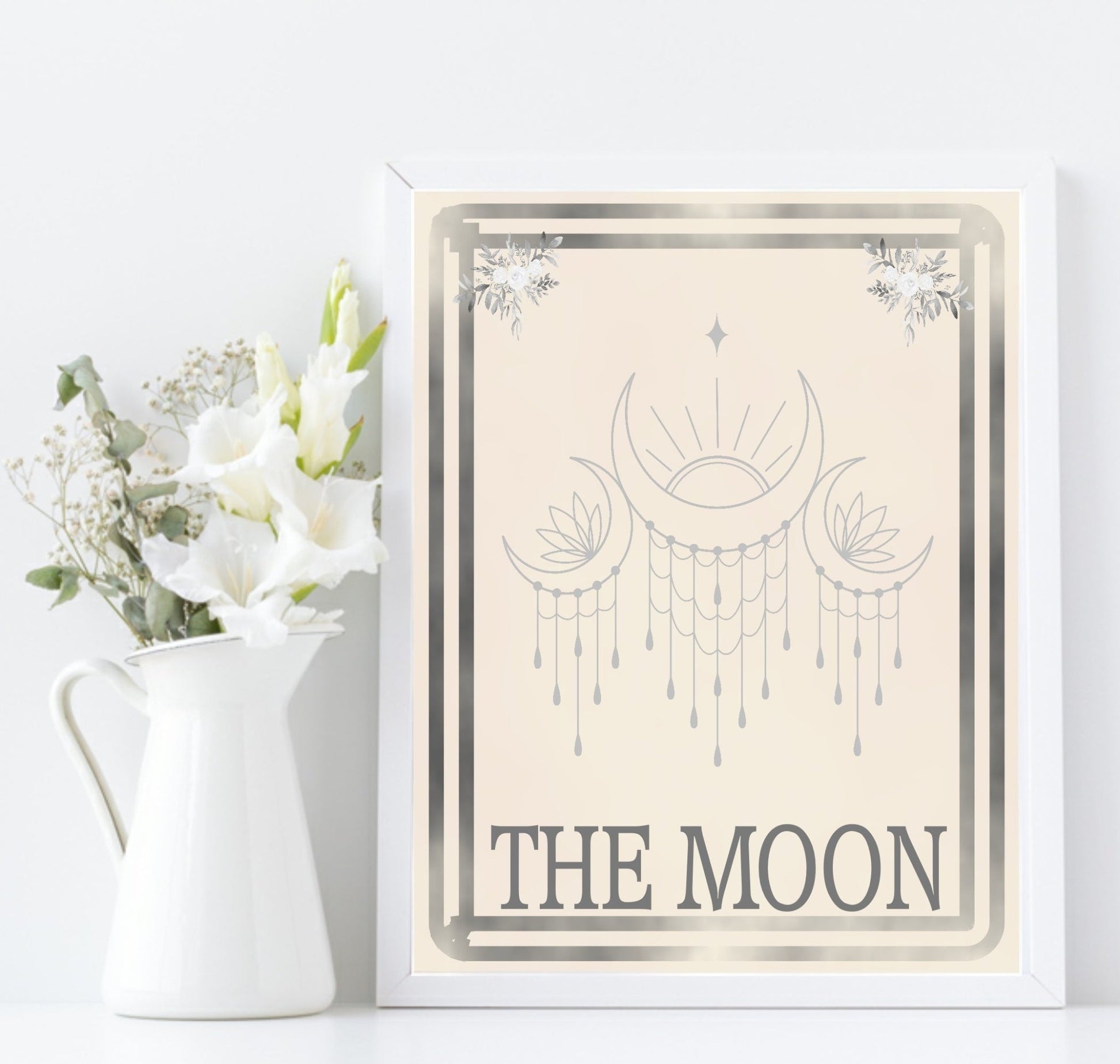 The Moon Tarot Card Print | Celestial Wall Art | Cream | Charcoal