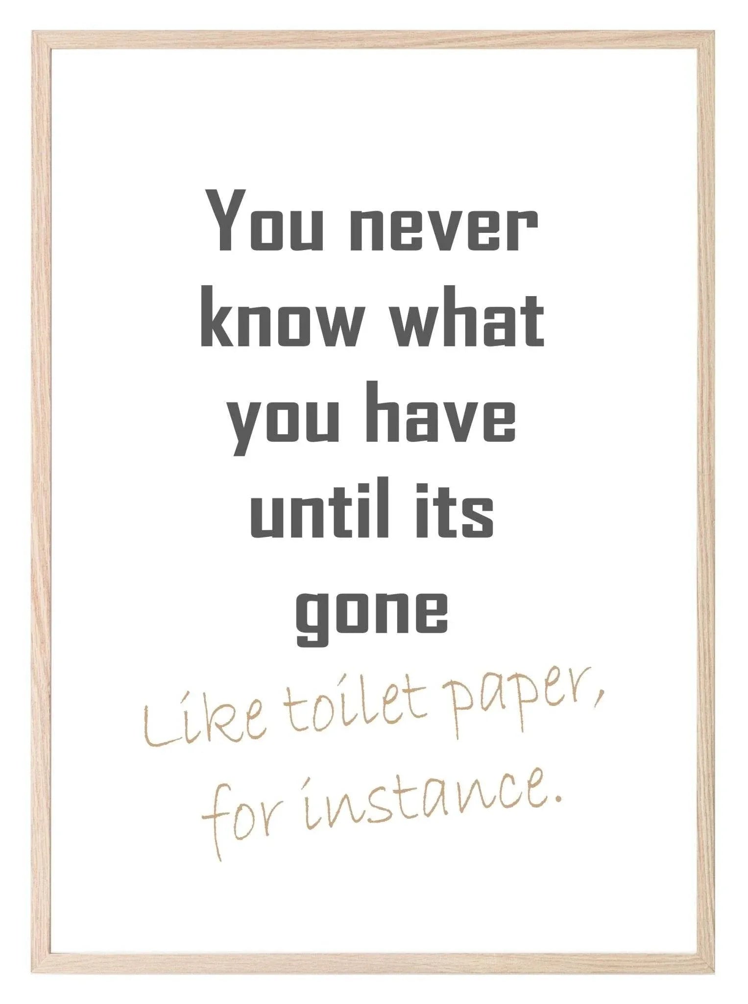 Toilet Humour Print | You Never Know What You have Until It's Gone, Like Toilet Paper Wall Art - Larosier Prints